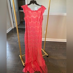 Betsy and Adam Coral Lace Gown